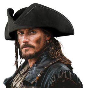 HOMELEX pirate hat black-tricorn close-up, durable felt for comfortable adult costumes at parties.