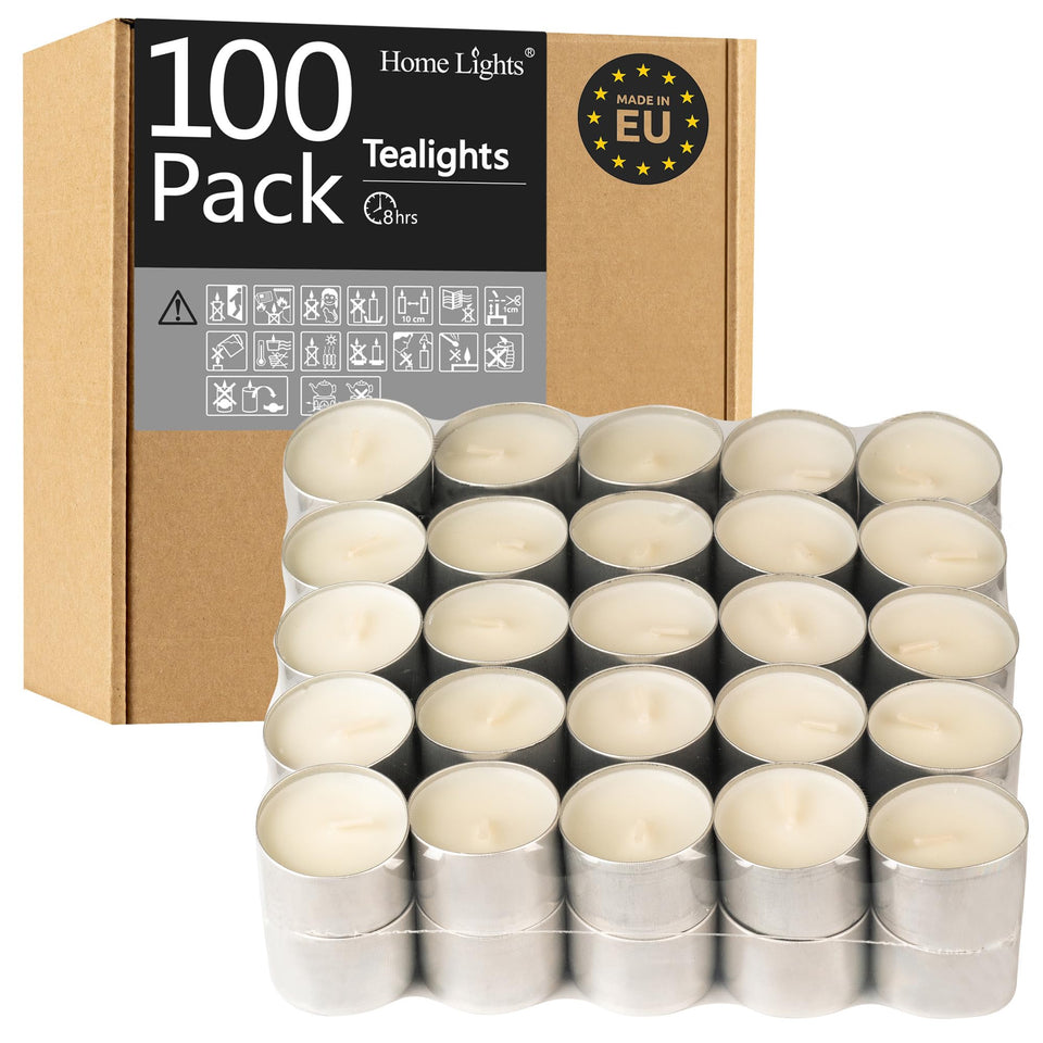Home Lights unscented tealight candles 100-pack for long clean burn at Shabbat and events.