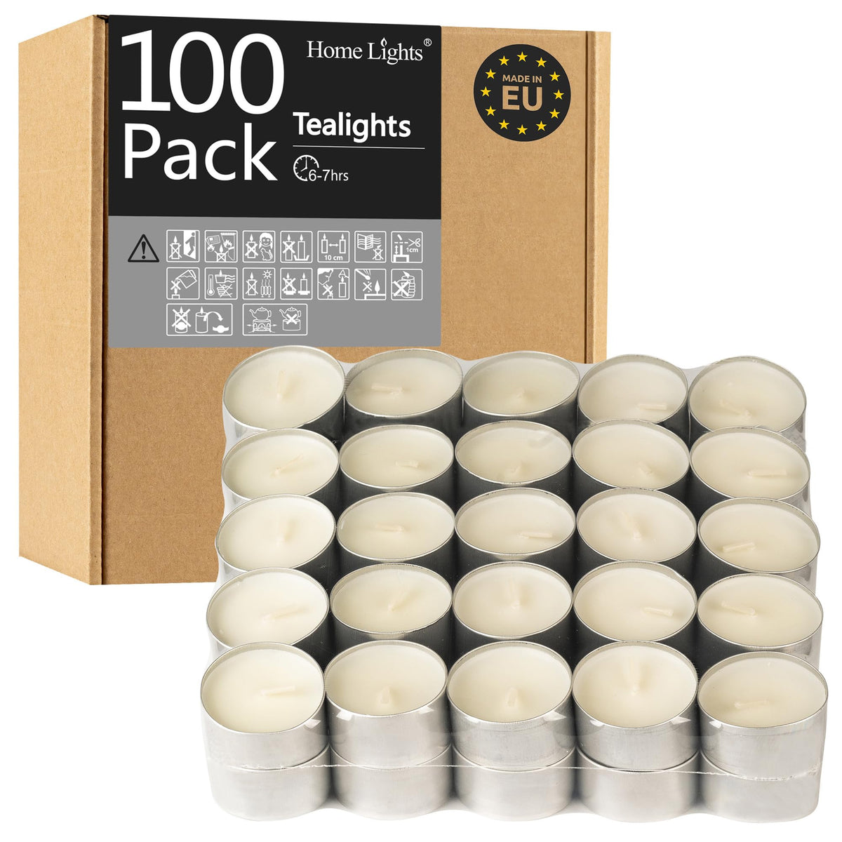 Home Lights unscented white tealight candles in metal cups emit a clean, smokeless glow