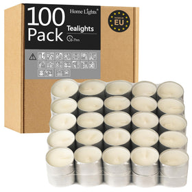 Home Lights unscented white tealight candles in metal cups emit a clean, smokeless glow