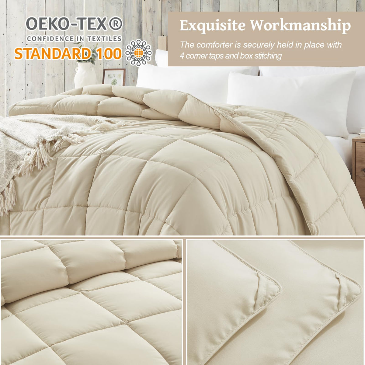 Homelike Moment beige comforter stitching closeup shows durable quilting.