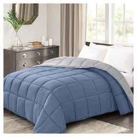 Homelike Moment reversible blue-grey comforter for queen bed with two moods and versatile styling.