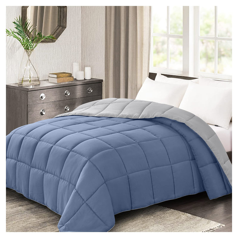 Homelike Moment reversible blue-grey comforter for queen bed with two moods and versatile styling.