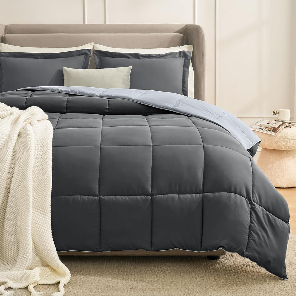 Homelike Moment queen comforter grey on bed, soft and breathable for year-round comfort.