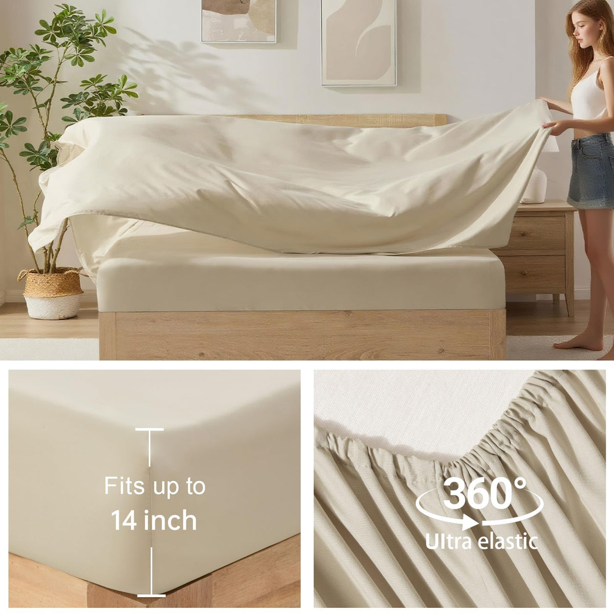 Homelike Moment sheets close-up showing fitted sheet designed for up to 14 inch depth.