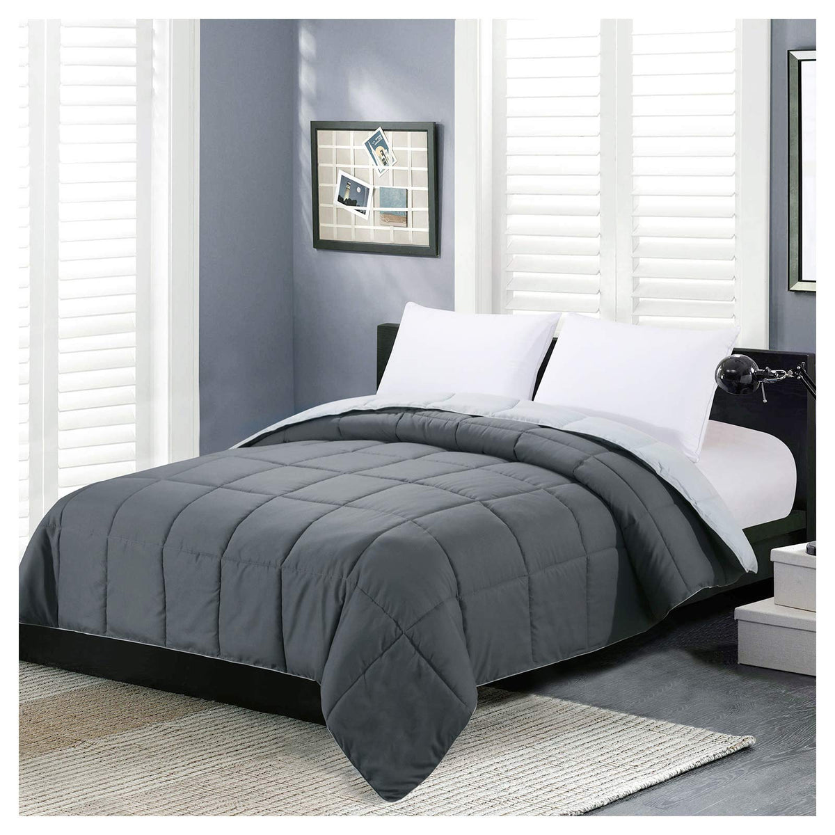 Homelike Moment twin comforter shows reversible dark and light gray sides for two moods