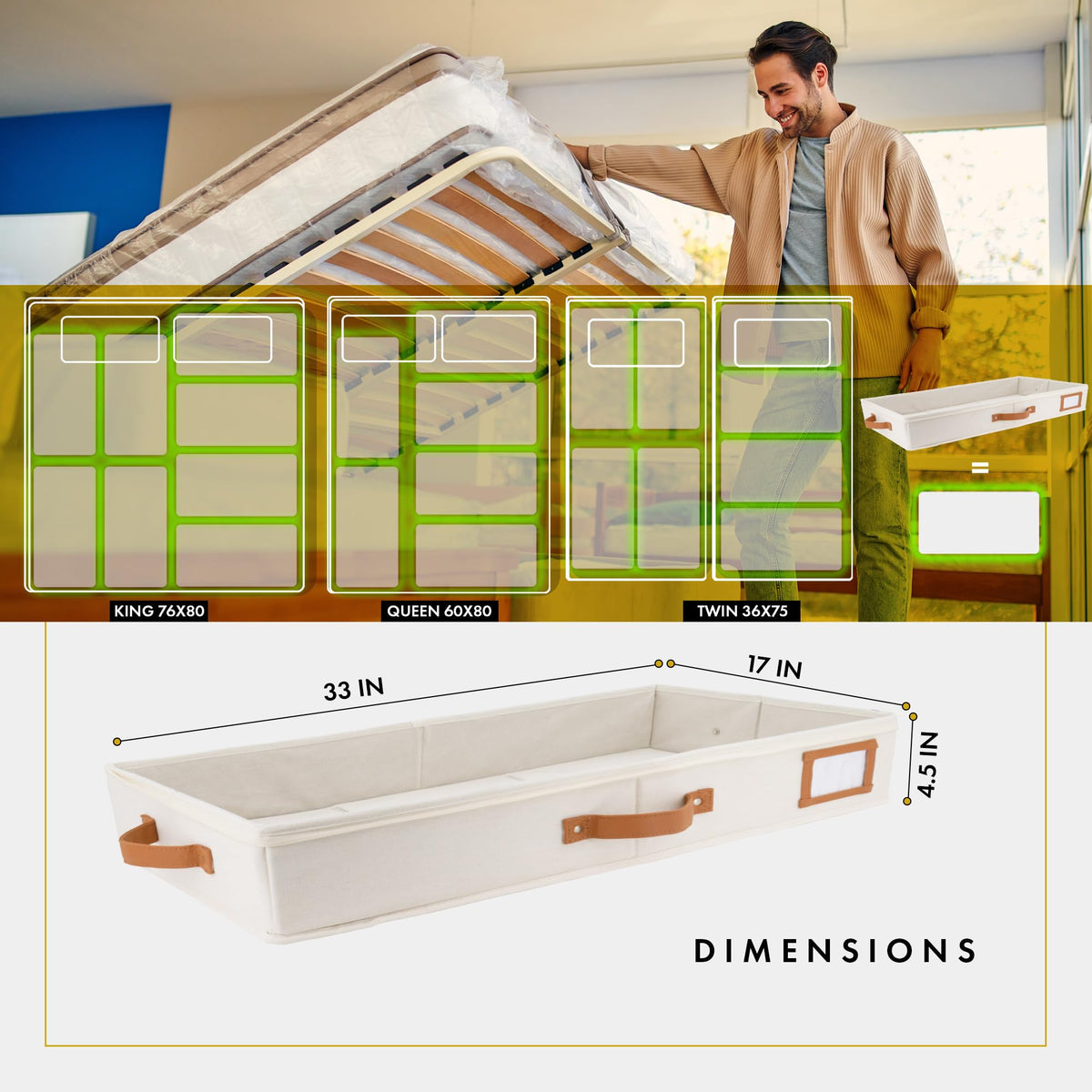 HOMELUX THEORY low-profile under-bed storage organized for shoes and accessories.