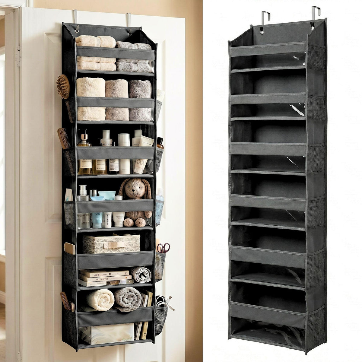 Homelux Theory over-door organizer front view with easy-access pockets for daily essentials.