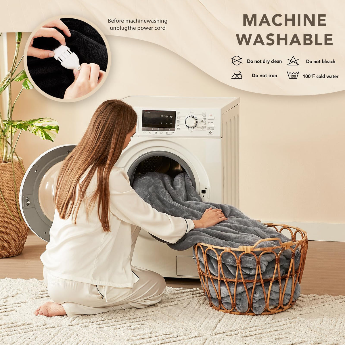 Homemate blanket displayed on bed and couch for versatile use
