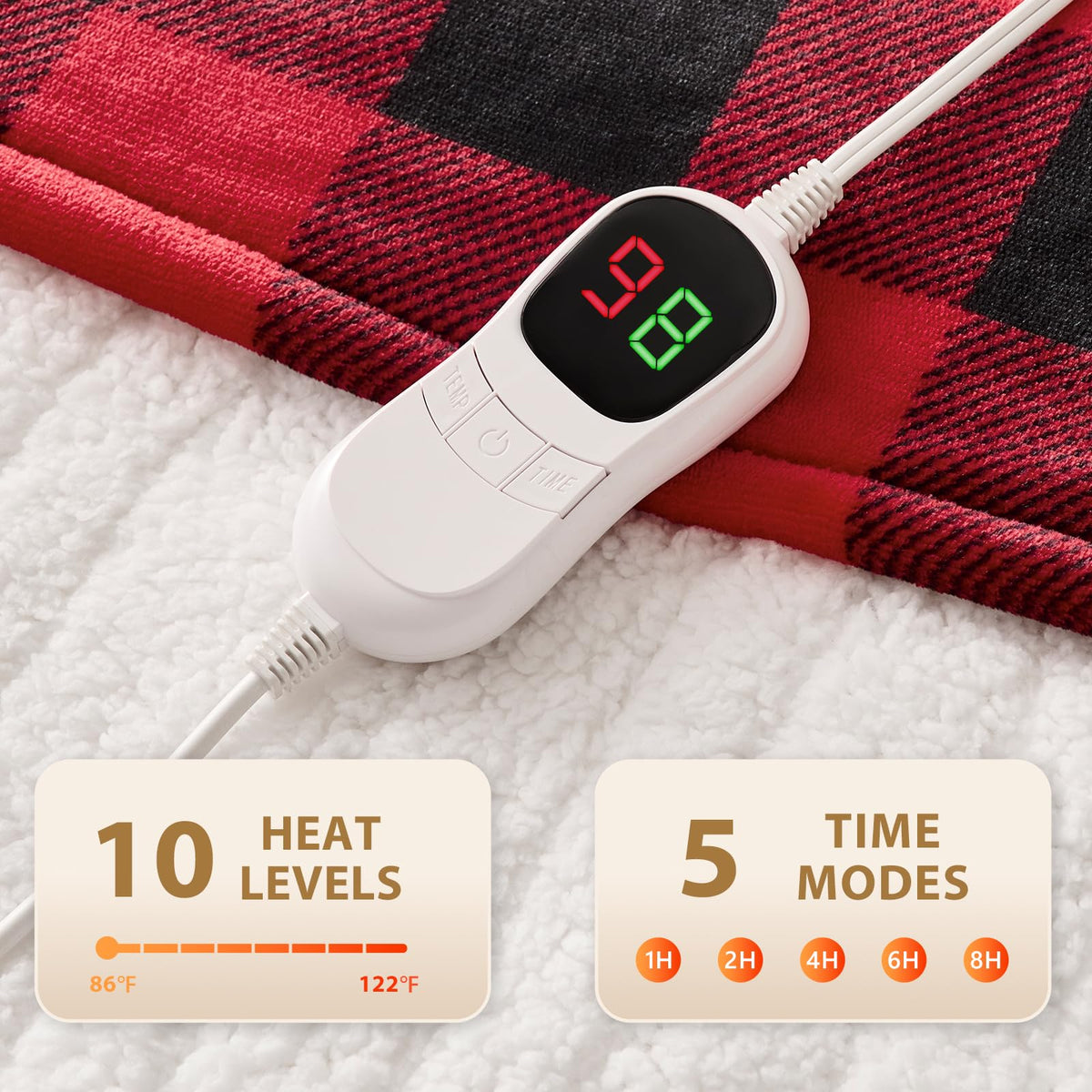 Homemate Electric Blanket Throw control panel displaying 10 heat levels for precision.