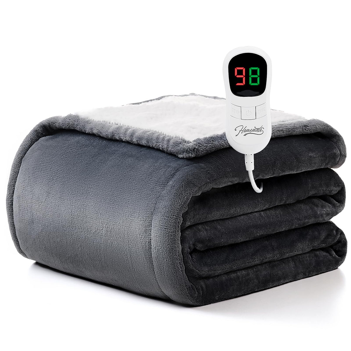 Homemate twin size heated blanket fabric close-up showing plush flannel and sherpa warmth