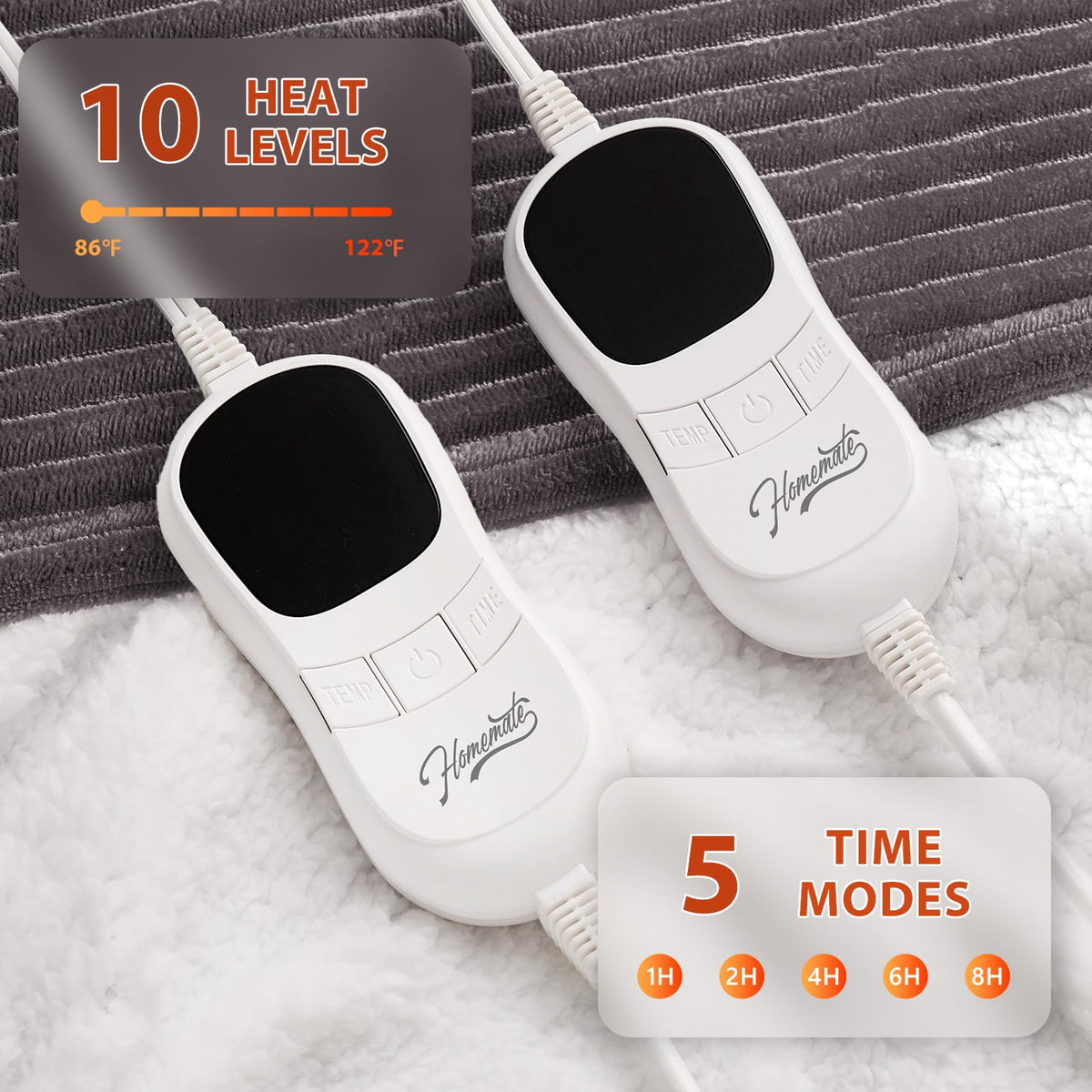 Homemate heat level settings dial shows wide warmth options.