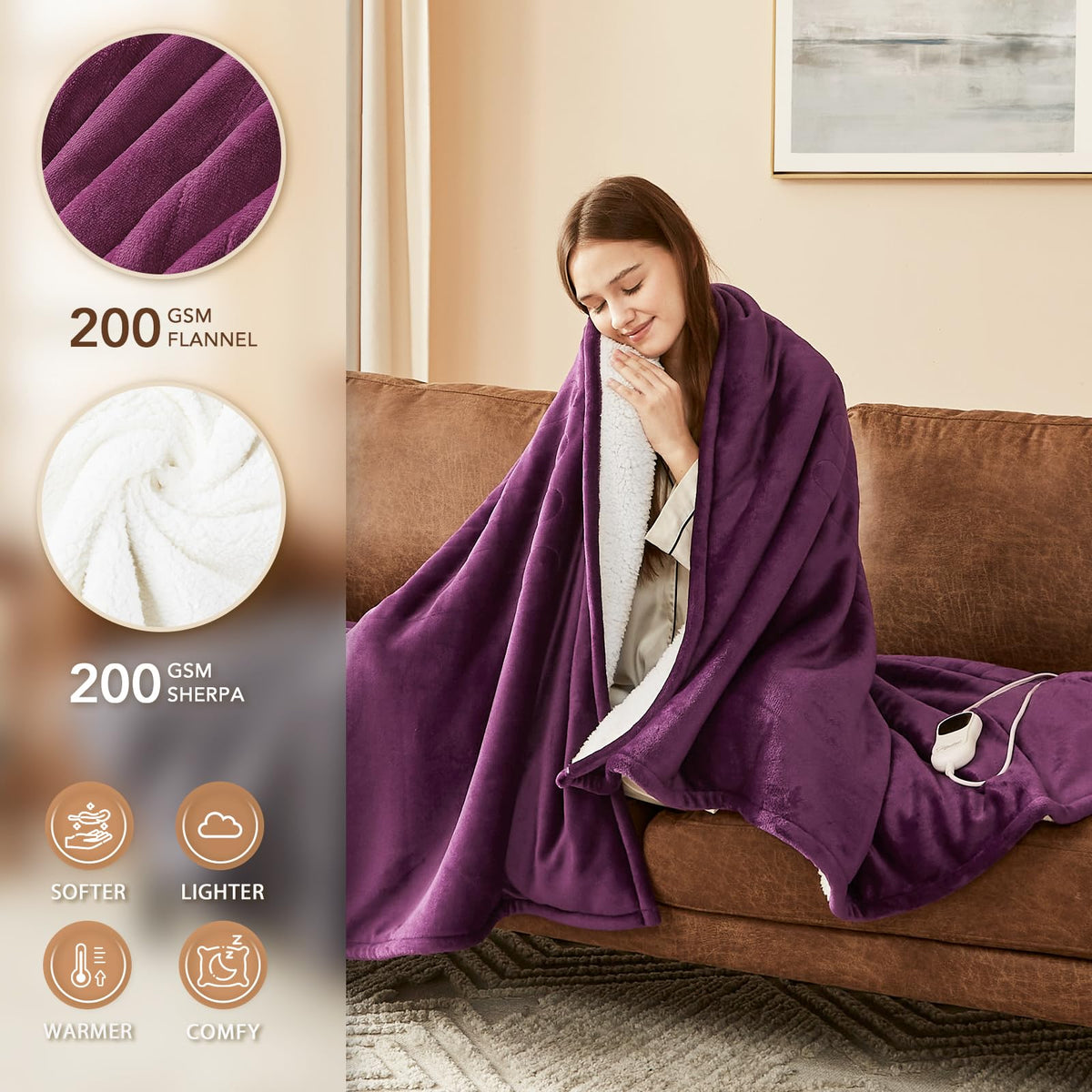 Homemate heated blanket electric throw beside the bed offers cozy mornings.