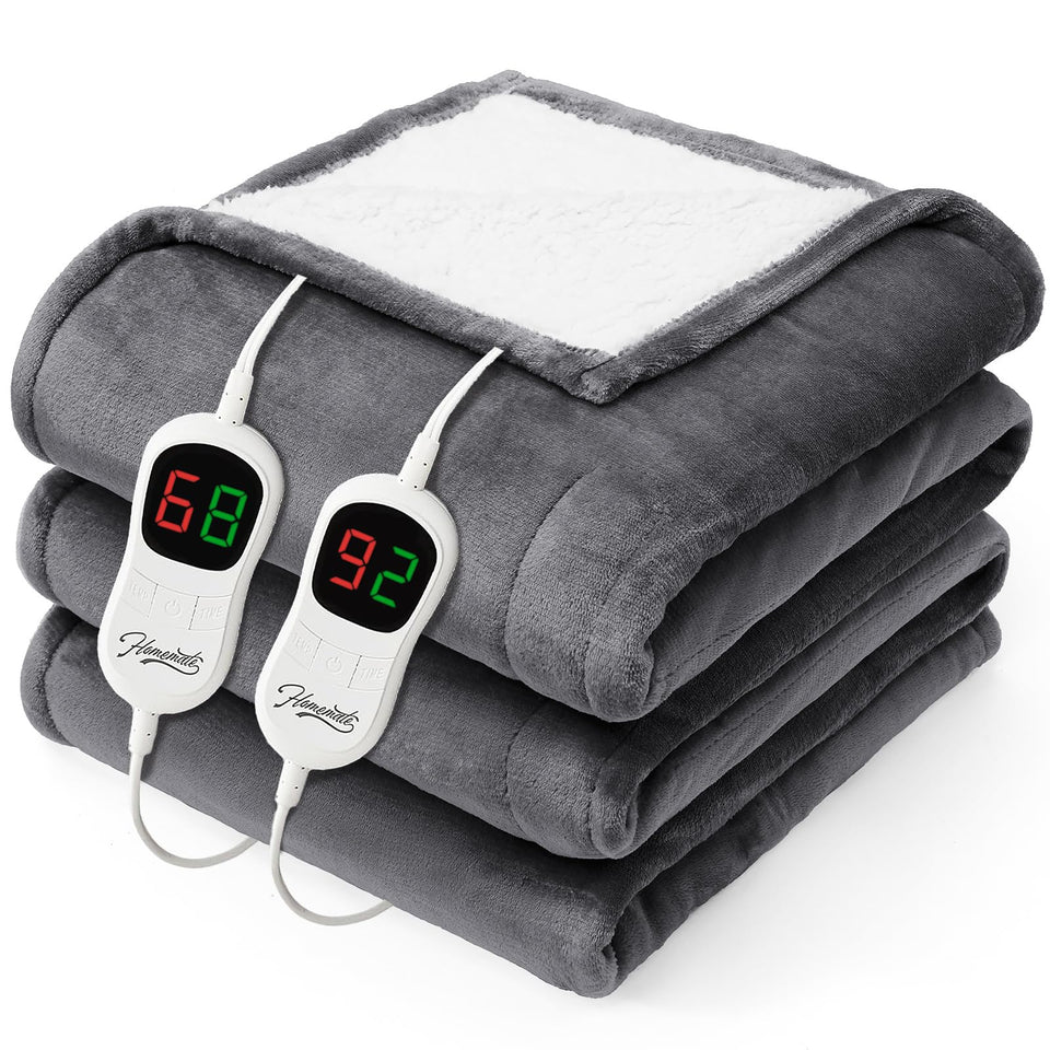 Homemate heated blanket queen size on bed showing plush flannel warmth