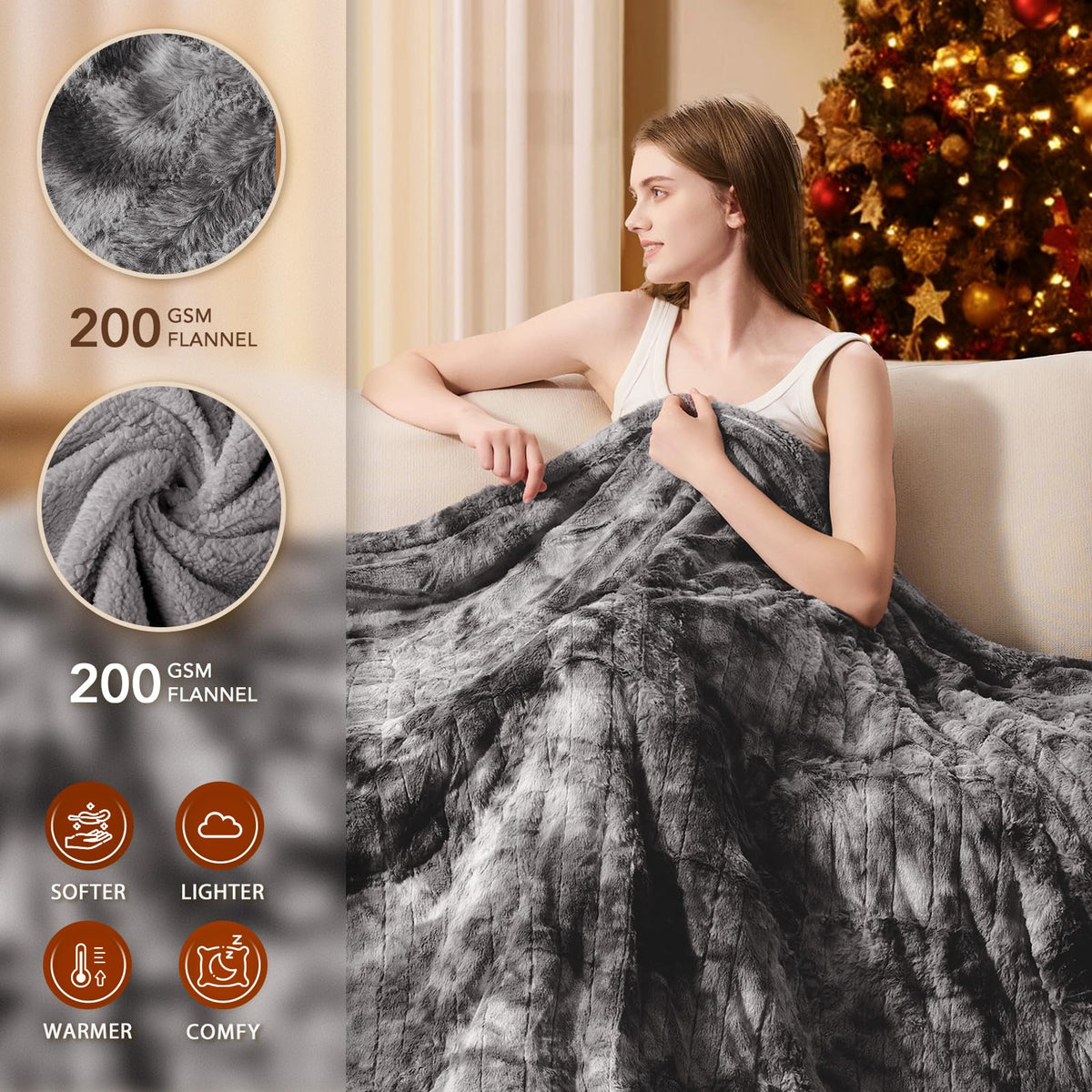Homemate heated blanket throw on sofa for cozy lounging warmth.