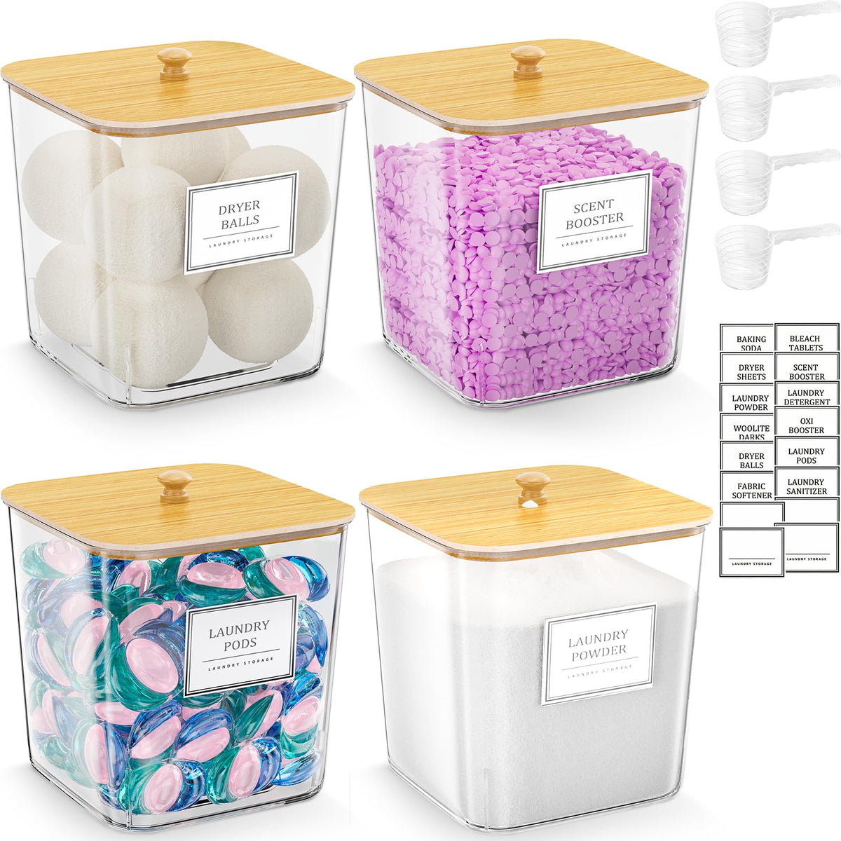 HomePekite clear laundry pod container with wooden lid showing organized storage