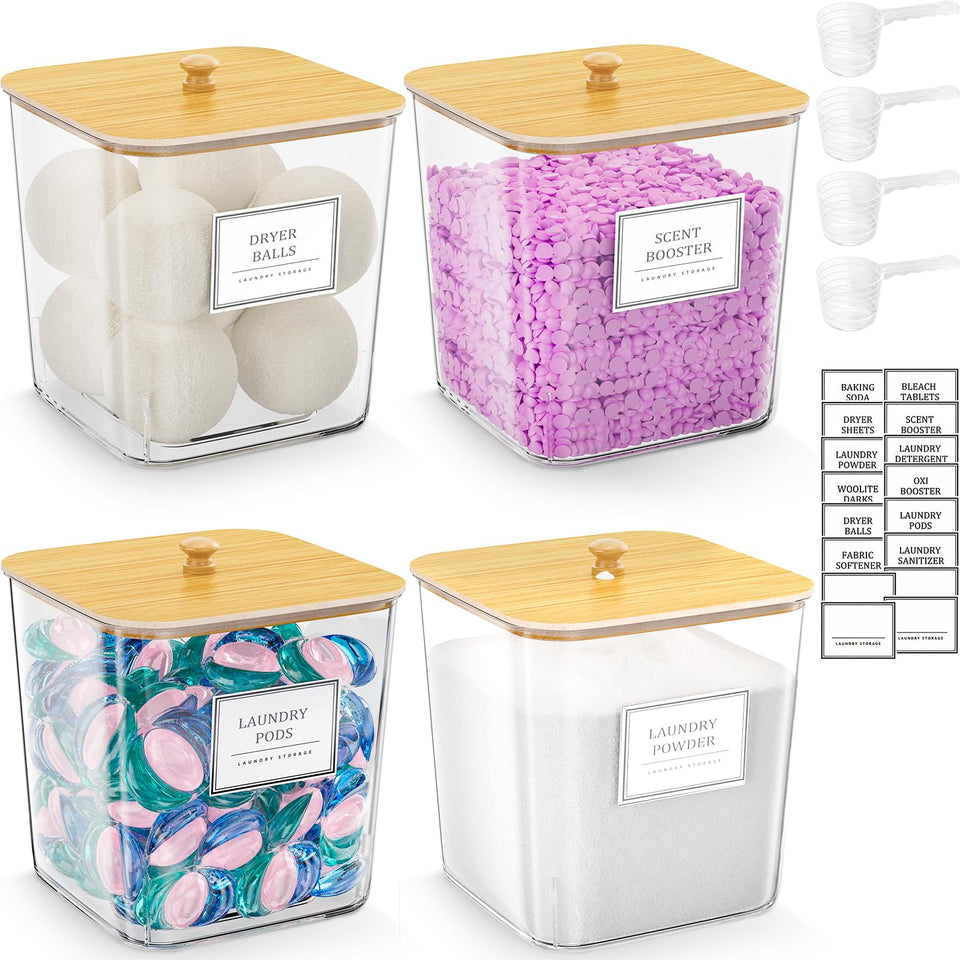 HomePekite clear laundry pod container with wooden lid showing organized storage