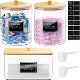 HomePekite glass laundry jar set with bamboo lid offering airtight storage for pods and powder.