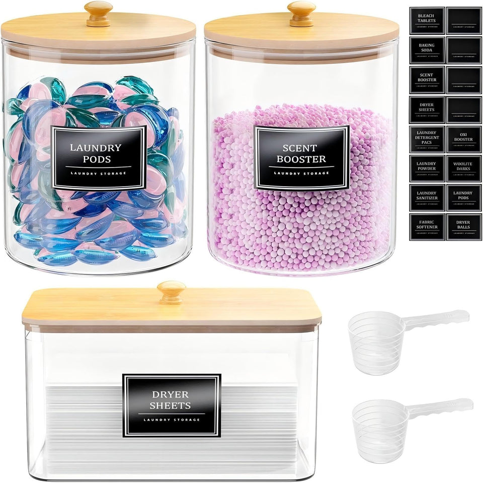 HomePekite glass laundry jar set with bamboo lid offering airtight storage for pods and powder.