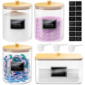 HomePekite glass laundry jar set with airtight lids keeps pods and powder fresh and organized.