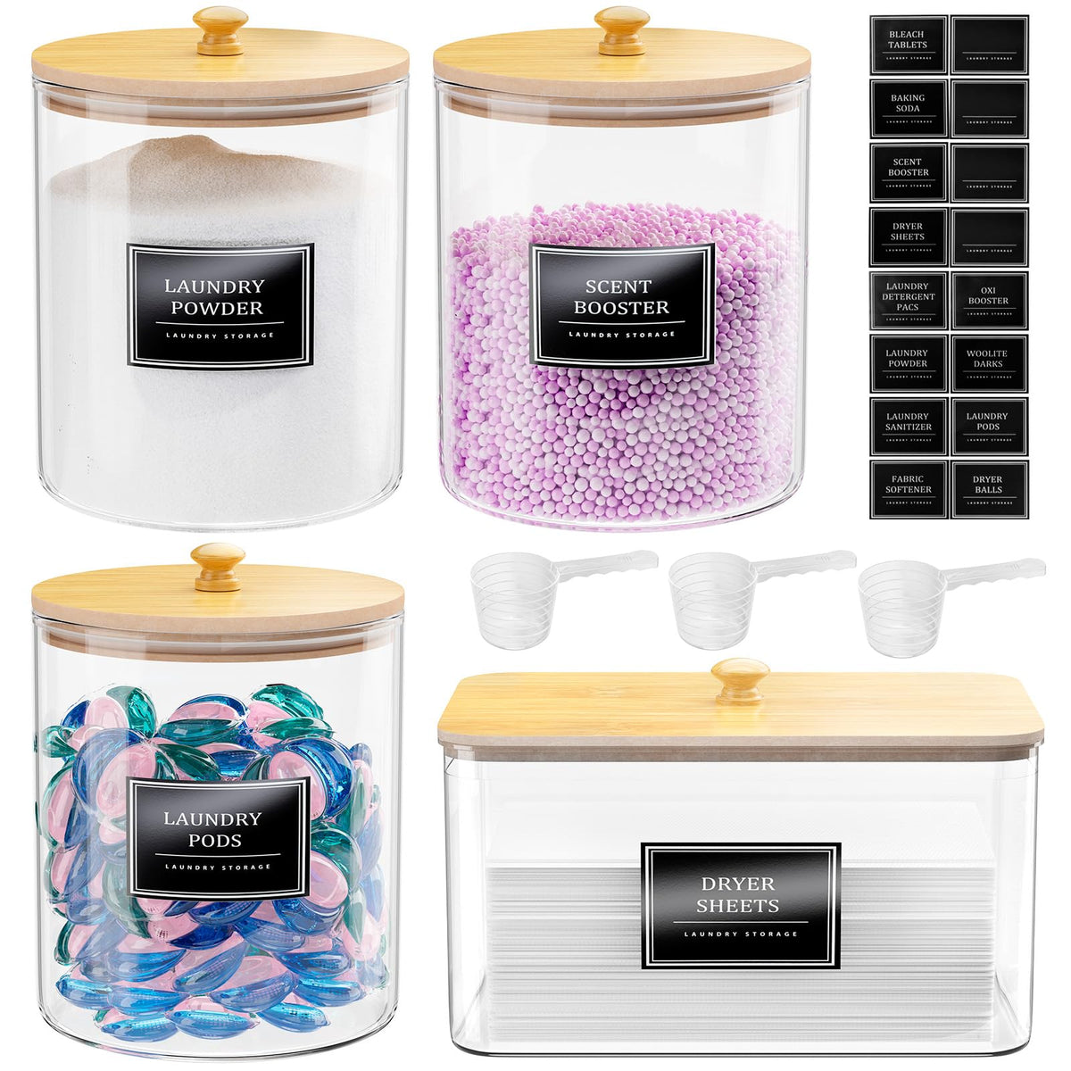 HomePekite glass laundry jar set with airtight lids keeps pods and powder fresh and organized.