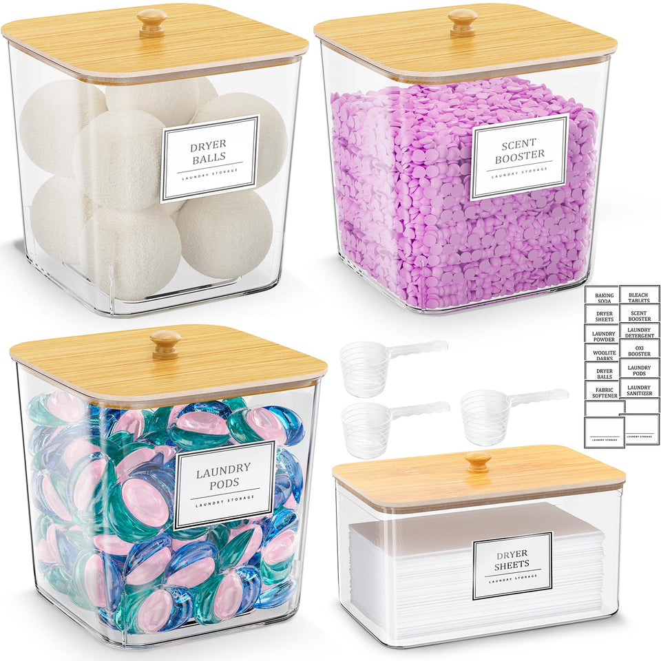 HomePekite laundry pods container with clear body and wooden lid for easy visibility.