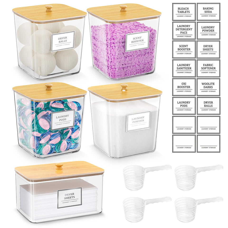 HomePekite laundry pods containers in clear acrylic with wooden lids for easy access.