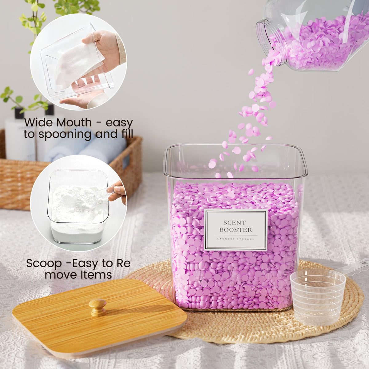 HomePekite 4-pack laundry containers with wooden lids in a tidy setup