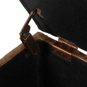 HomePop square tufted storage ottoman lid detail with brown faux leather texture