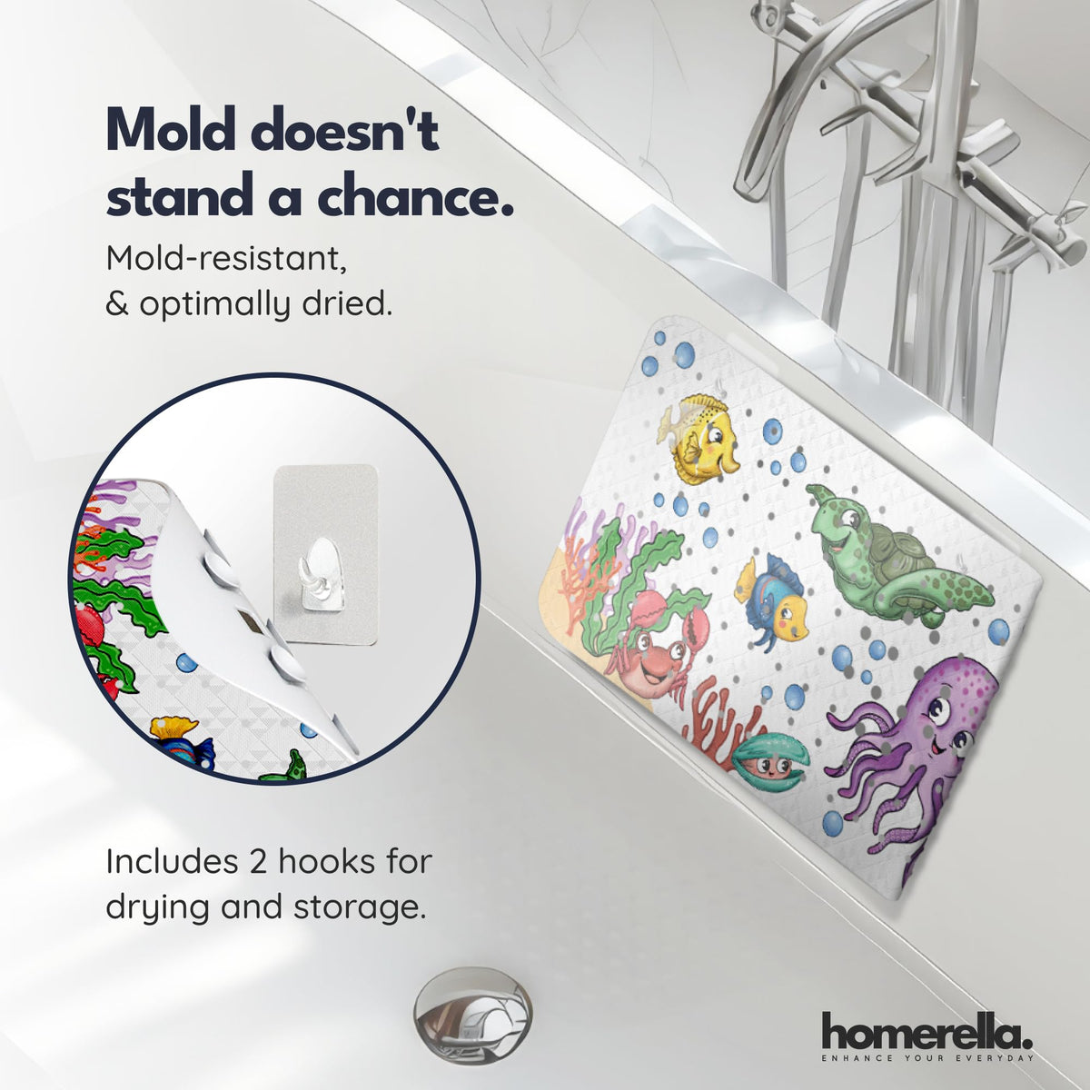 Homerella mat with 200+ suction cups grips smooth tub surfaces.