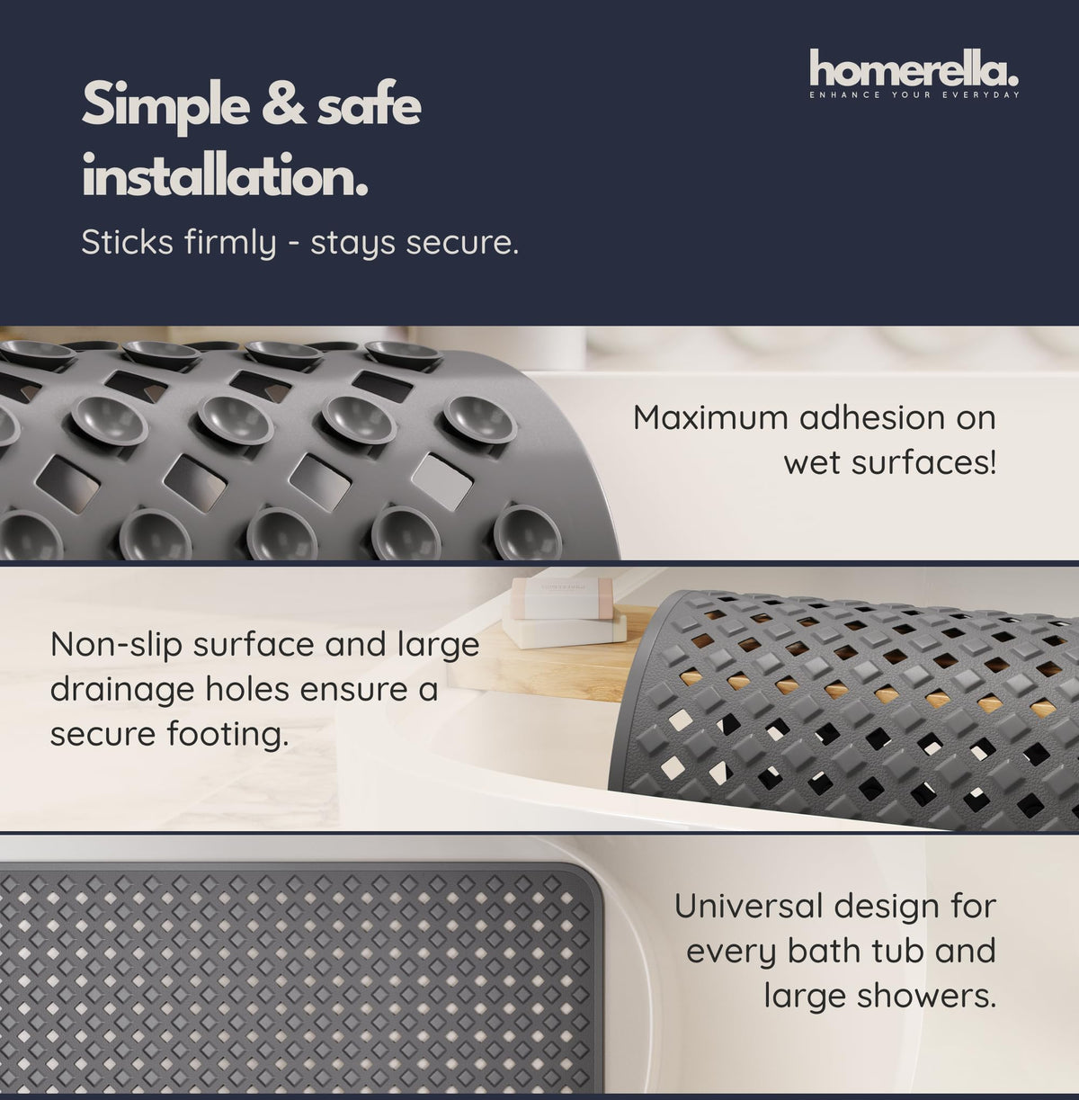 Homerella bath mat made from BPA-free vinyl for safe use.