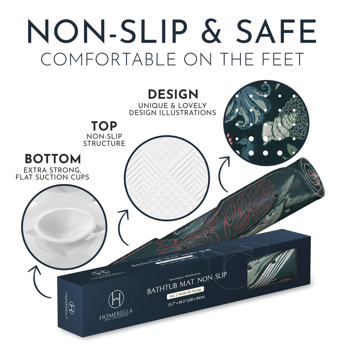 Homerella EU certified bath mat ensures safe, toxin-free materials.