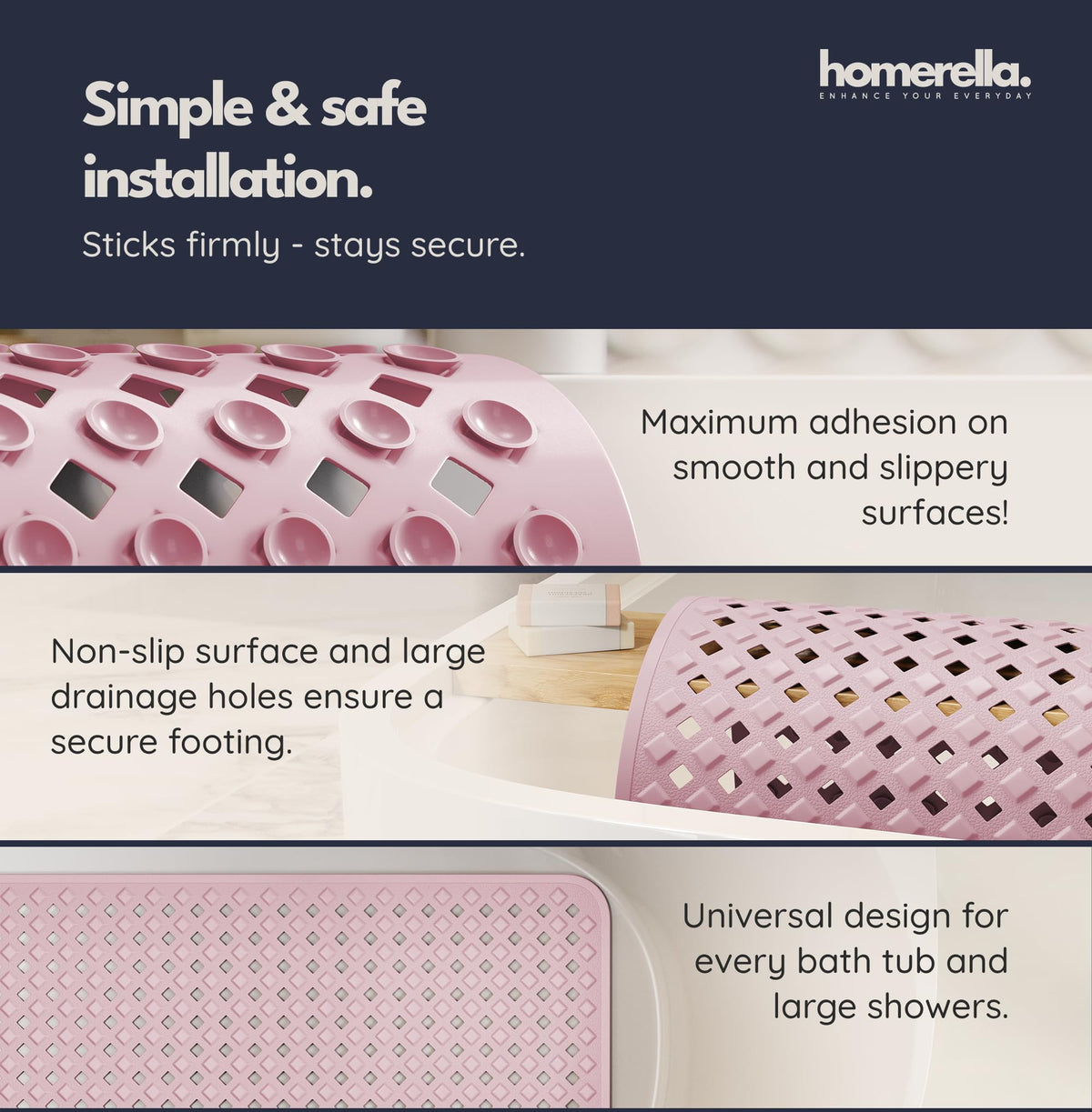 Homerella bath mat includes two hooks for easy drying.