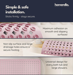 Homerella bath mat includes two hooks for easy drying.