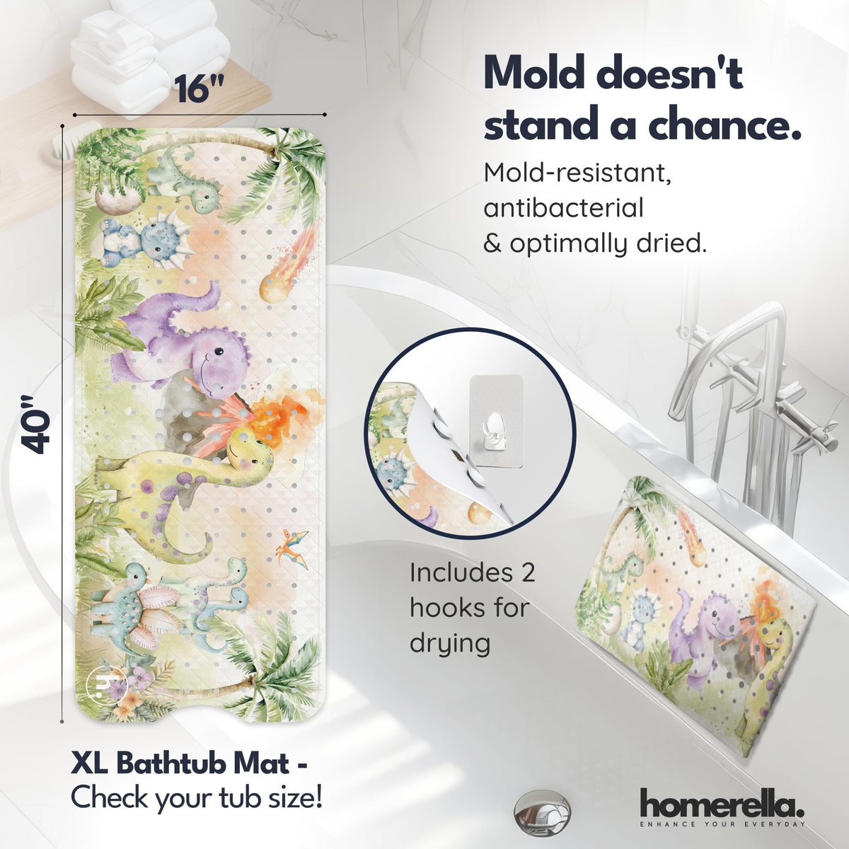 Homerella bath mat with hooks included for quick air-drying after baths.