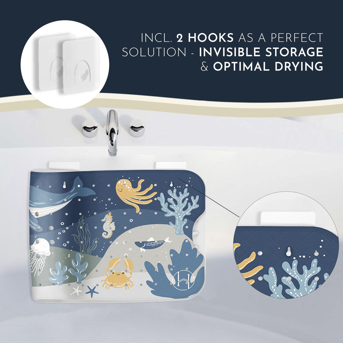 Homerella bath mat shows two hooks for air-drying after use.
