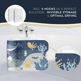 Homerella bath mat shows two hooks for air-drying after use.