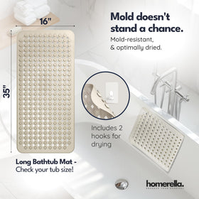Homerella bath mat includes two hooks for drying.
