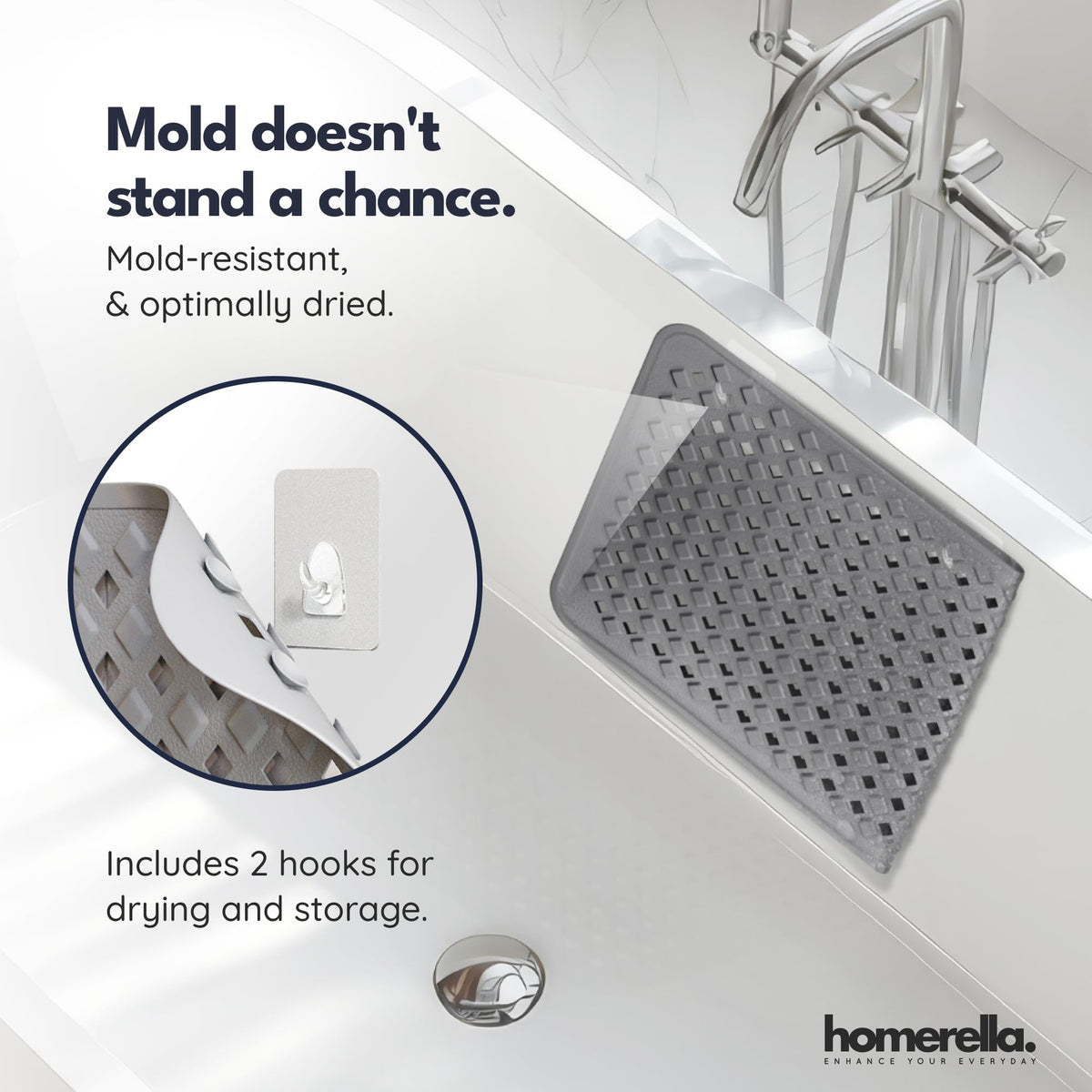 Homerella bath mat mold and mildew resistant for a fresh bathroom.