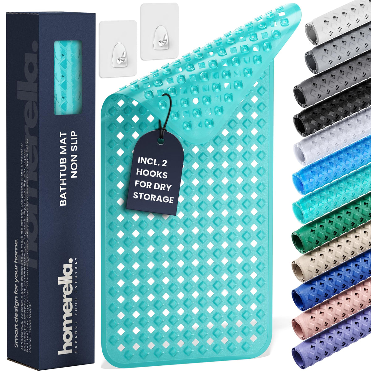 Homerella bath mat packaging shows 35x16 size for secure fit.