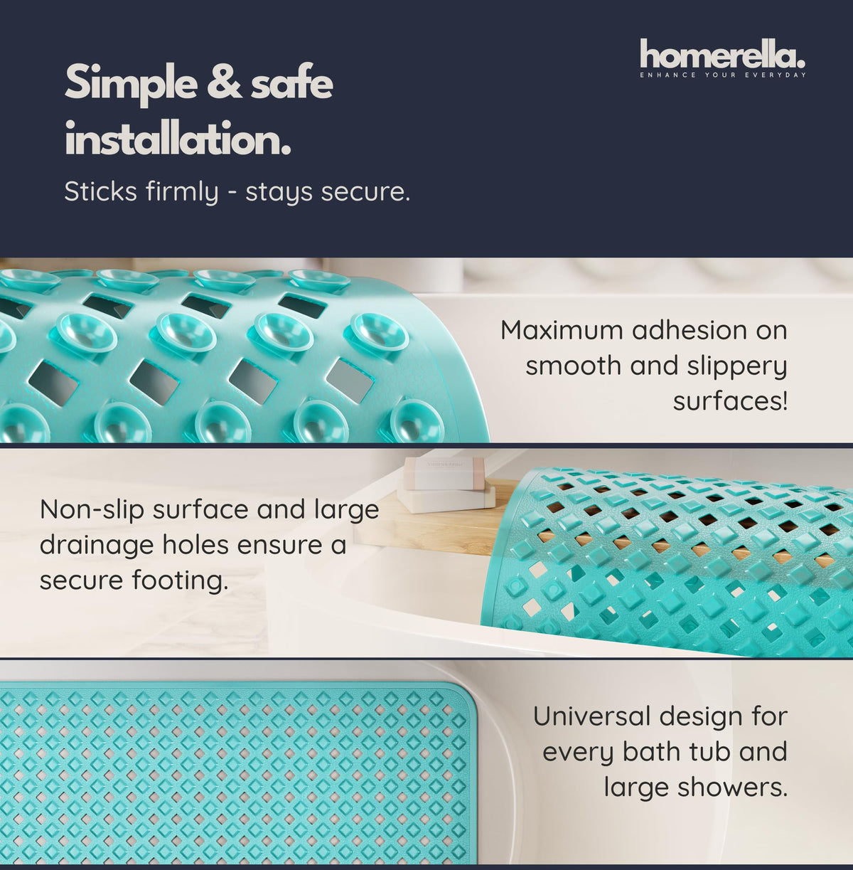 Homerella bath mat drainage holes image shows quick water circulation.