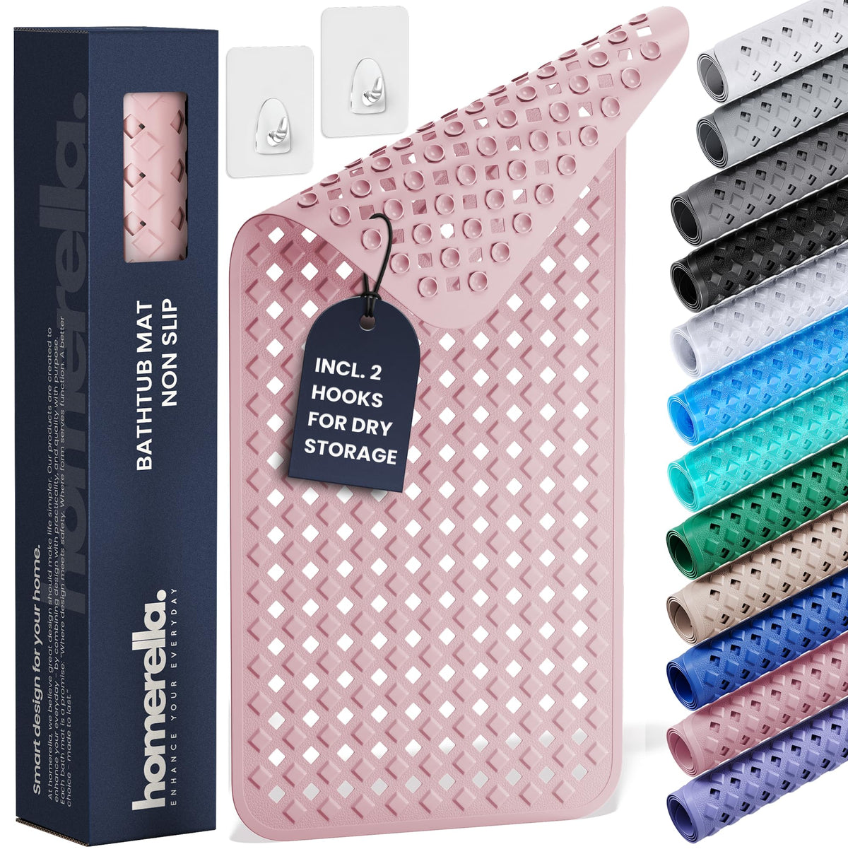 Homerella bath mat with suction cups ensures secure footing in the tub.