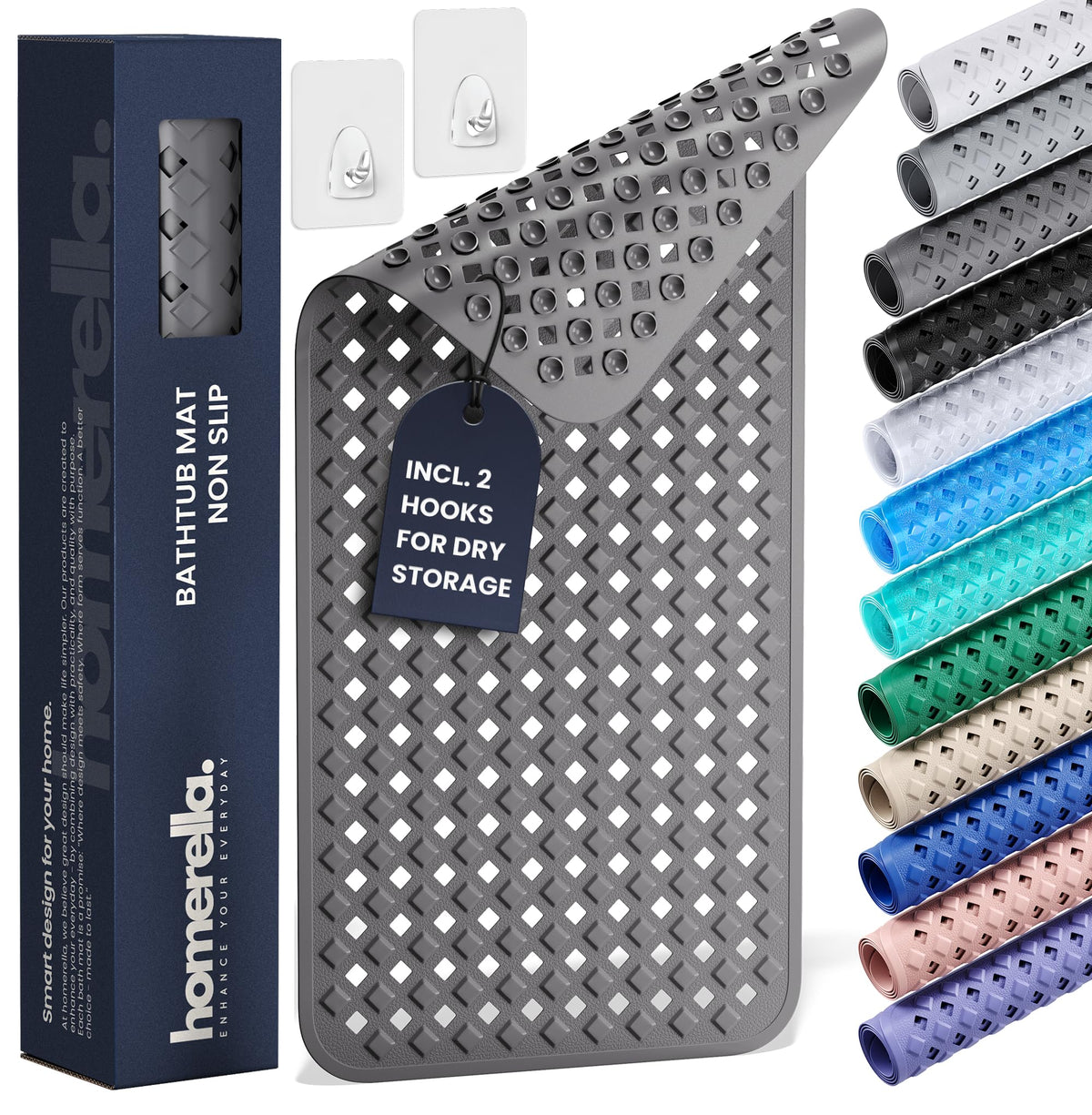 Homerella bath mat with non-slip suction cups for secure grip in wet showers.
