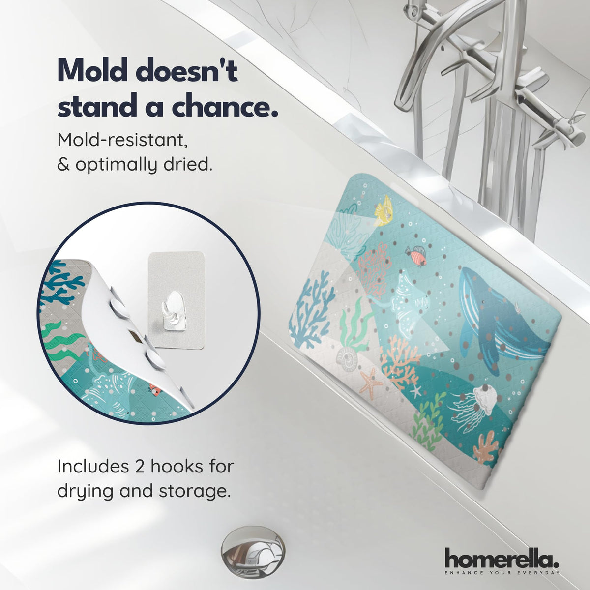 Homerella includes two hooks for quick air-drying after baths.