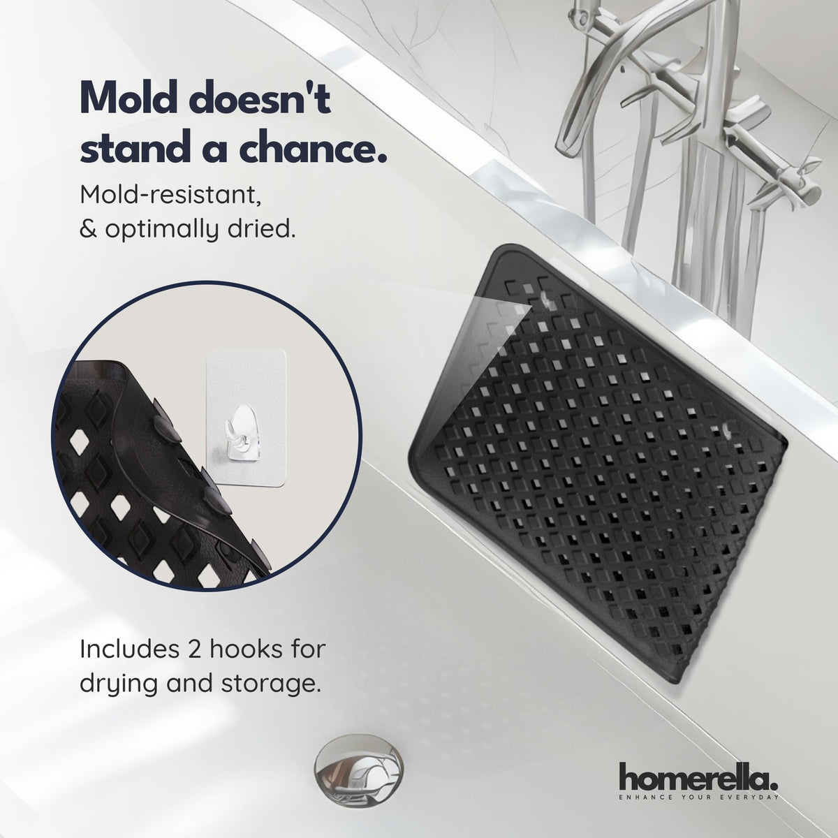 Homerella Bath Mat drainage holes promote fast water release and drying.