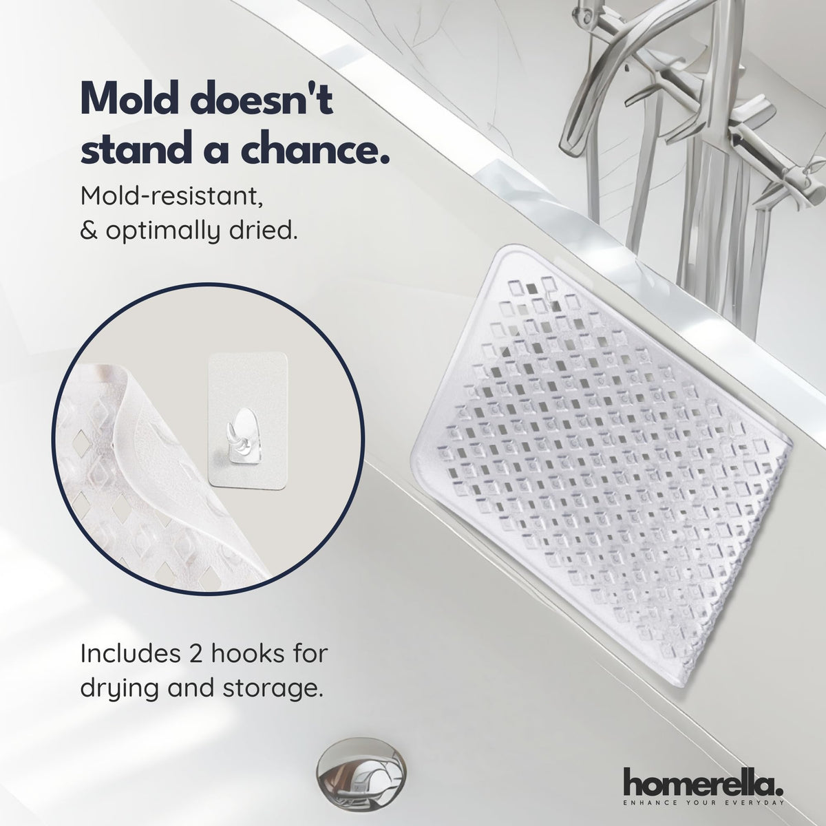 Homerella bath mat with hooks for drying and tidy storage.