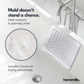 Homerella bath mat with hooks for drying and tidy storage.