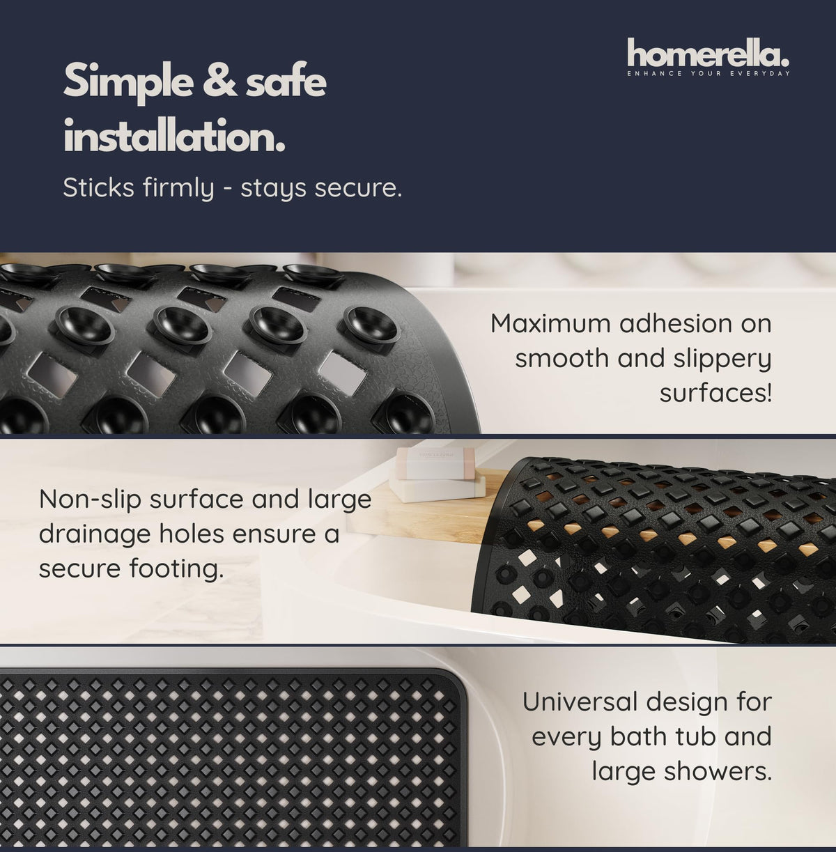 Homerella mat includes hooks for drying after showering.