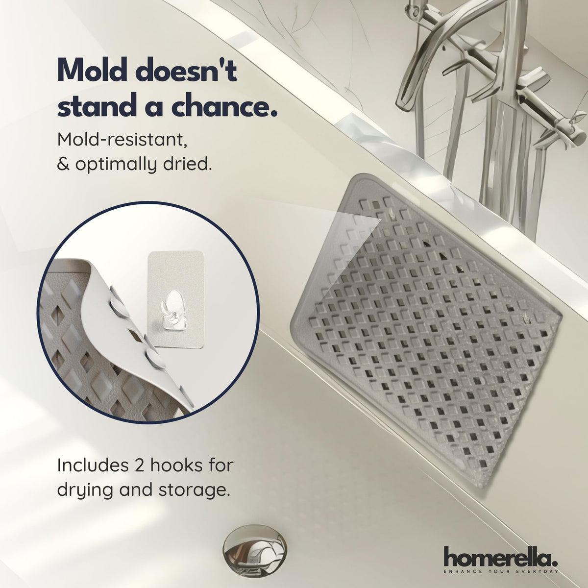 Homerella anti-mold design promotes drier bathroom surfaces