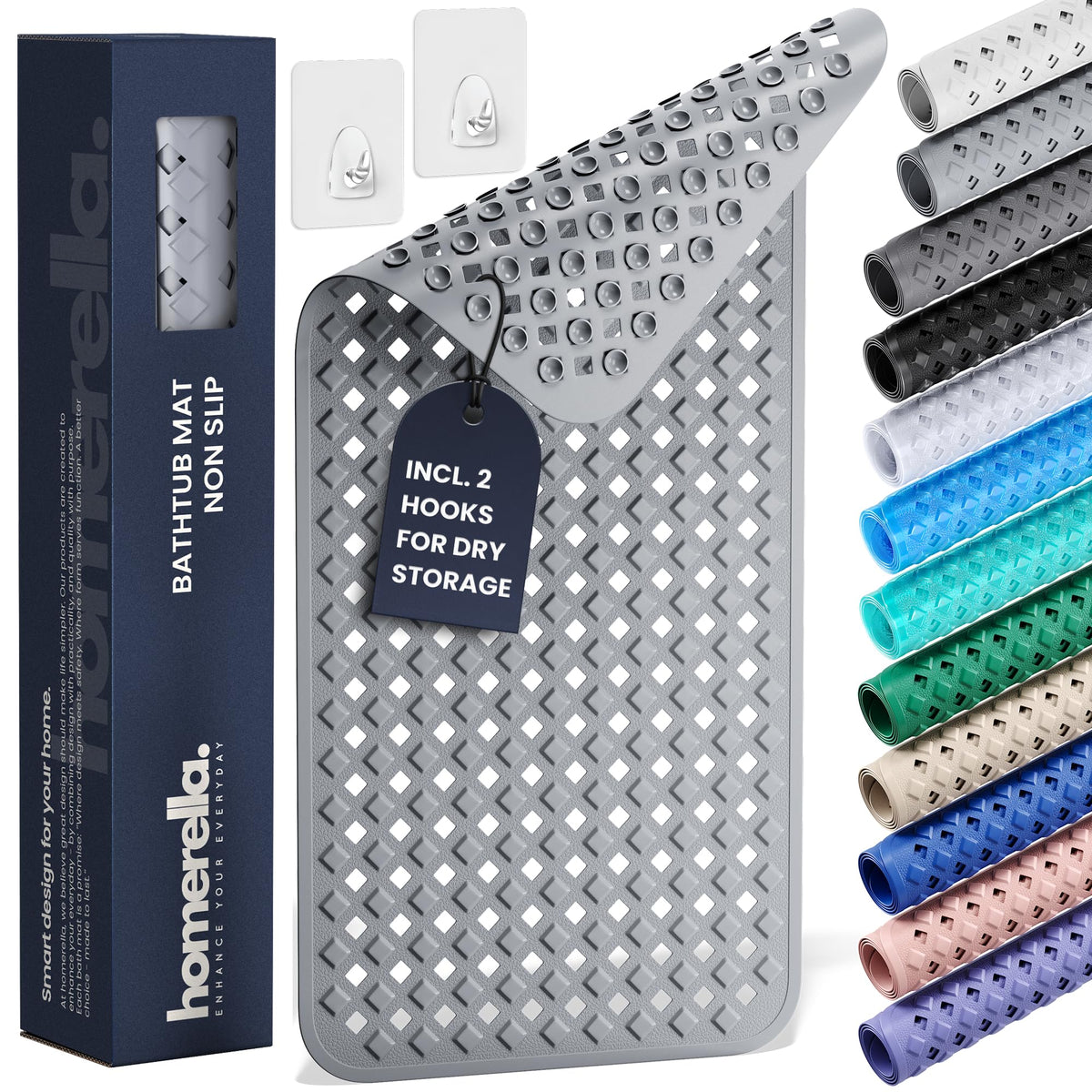 Homerella bathmat non-slip 35x16 with drying hooks enhances drying and storage